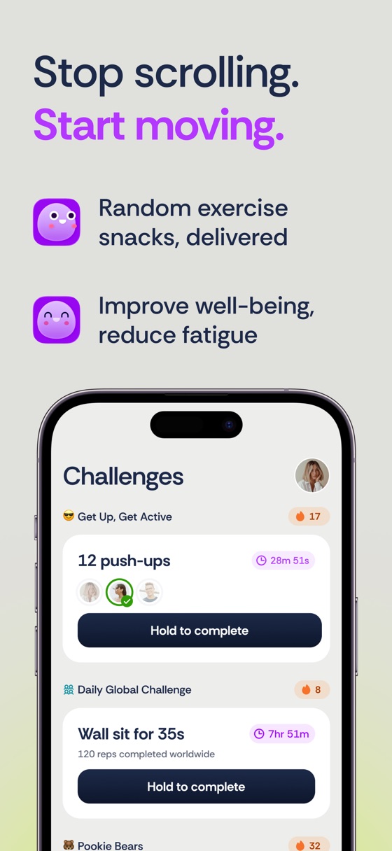 The Challenges screen listing a 12 push-up group challenge and a daily global challenge.