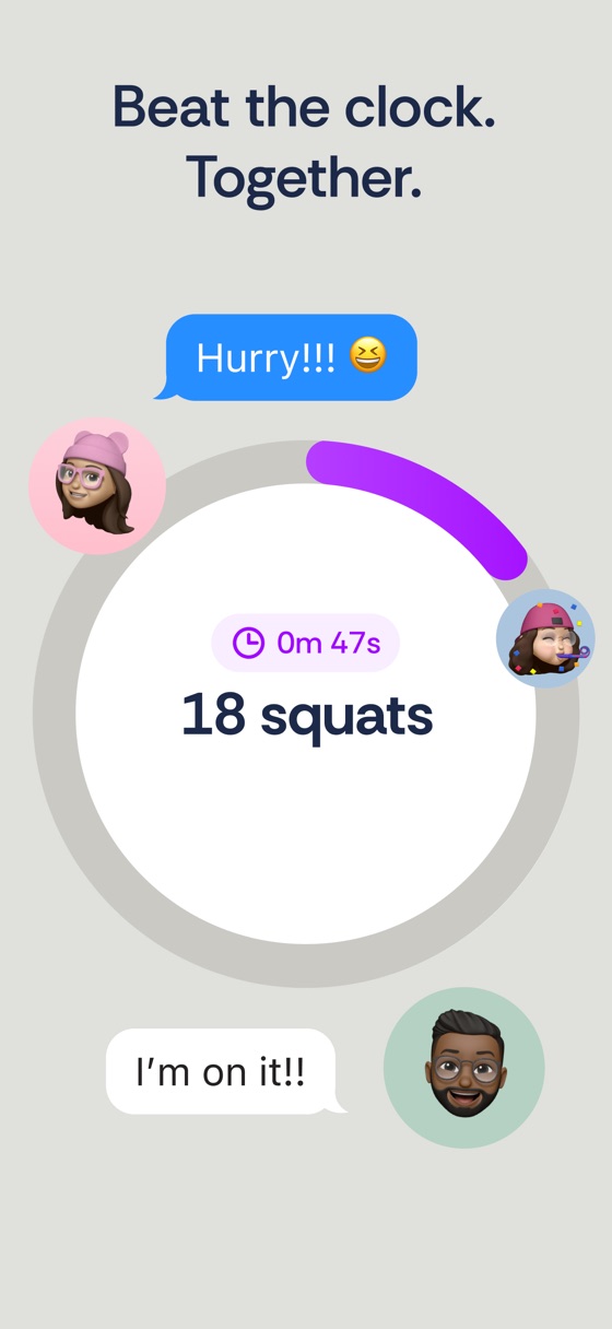 A group racing a countdown timer to finish 18 squats together.