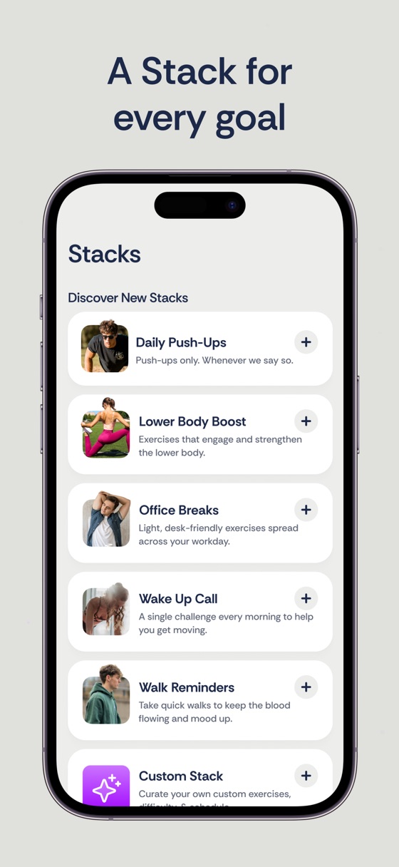 The Stacks screen showing Daily Push-Ups, Lower Body Boost, Office Breaks and more.