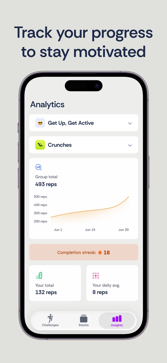 The Insights screen charting group and personal rep totals over a month.